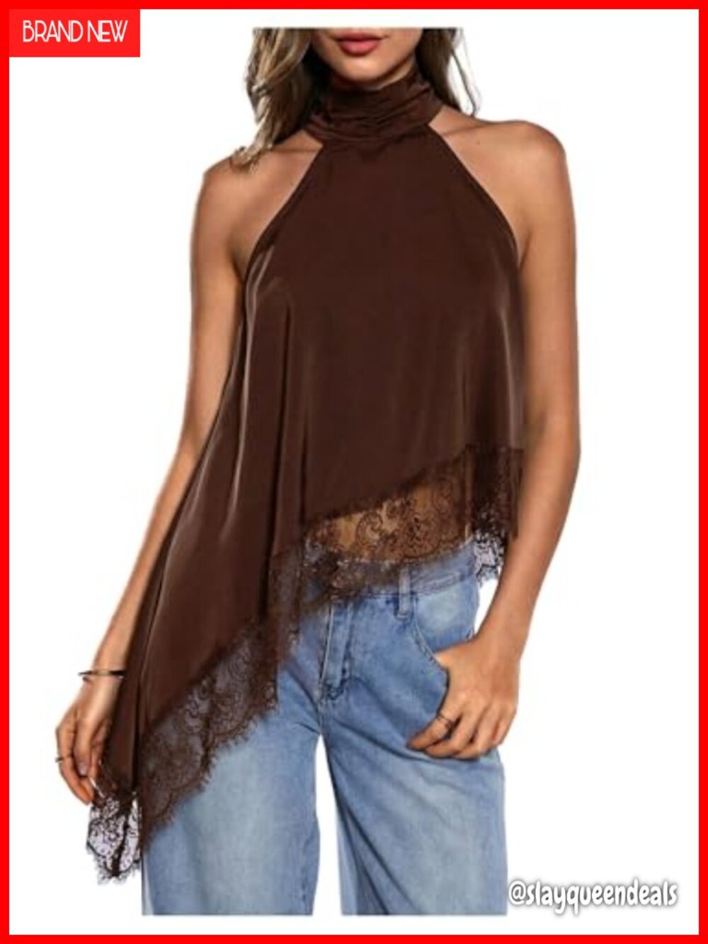 Women's Halter Neck Lace Asymmetrical Hem Tank Top Sleeveless Going Out